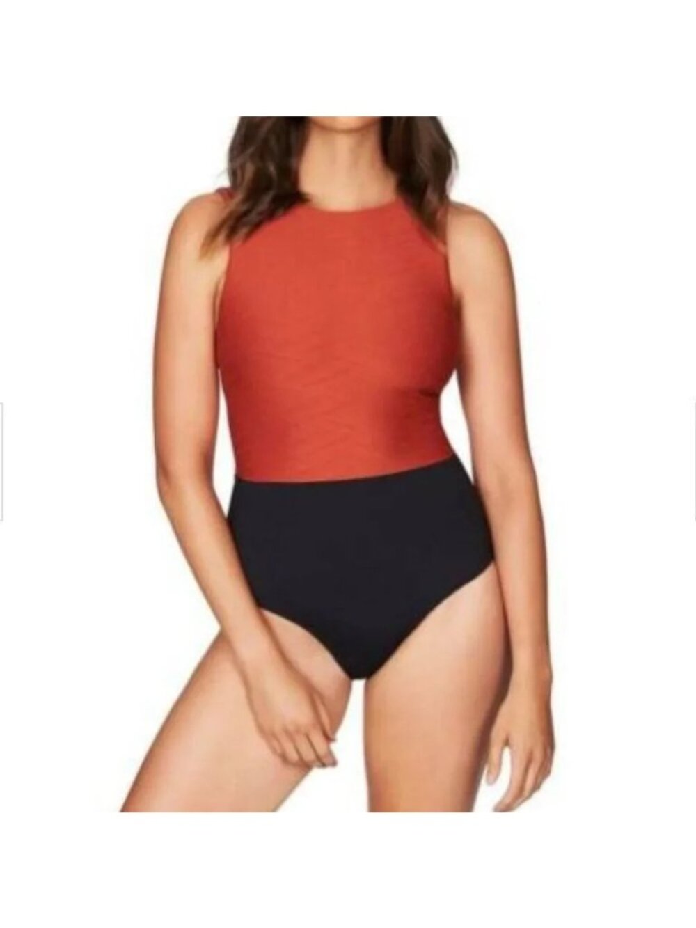 🆕 SEA LEVEL Two-Tone Colorblock High Neck One Piece Swimsuit Black & Rust 4